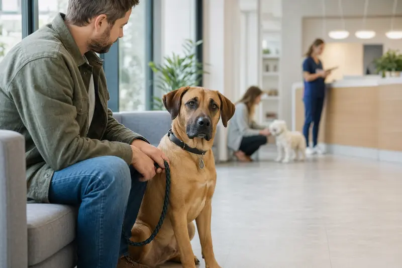 Canary Mastiff sitzt ruhig neben seinem Besitzer im hellen Wartezimmer einer modernen Tierarztpraxis.
